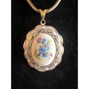 Vintage Pendant Necklace Enamel Blue Flowers Enhancer Snake Chain 18” Long